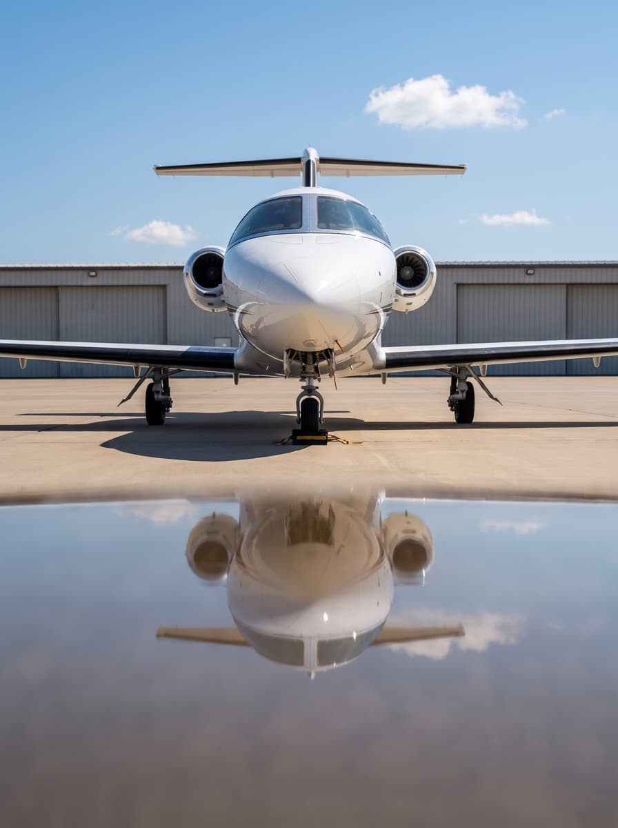 Business jet on a sunny ramp after professional detailing
