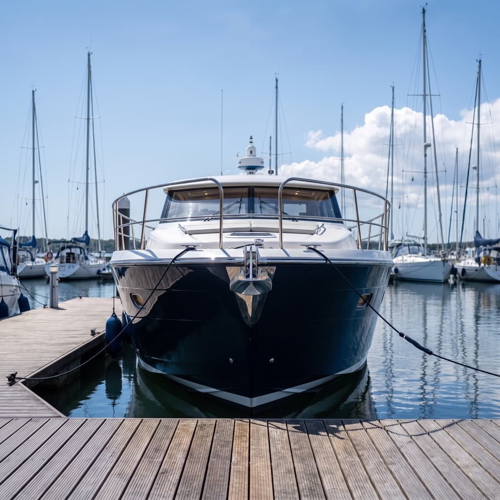 Boat at a marina dock, freshly detailed